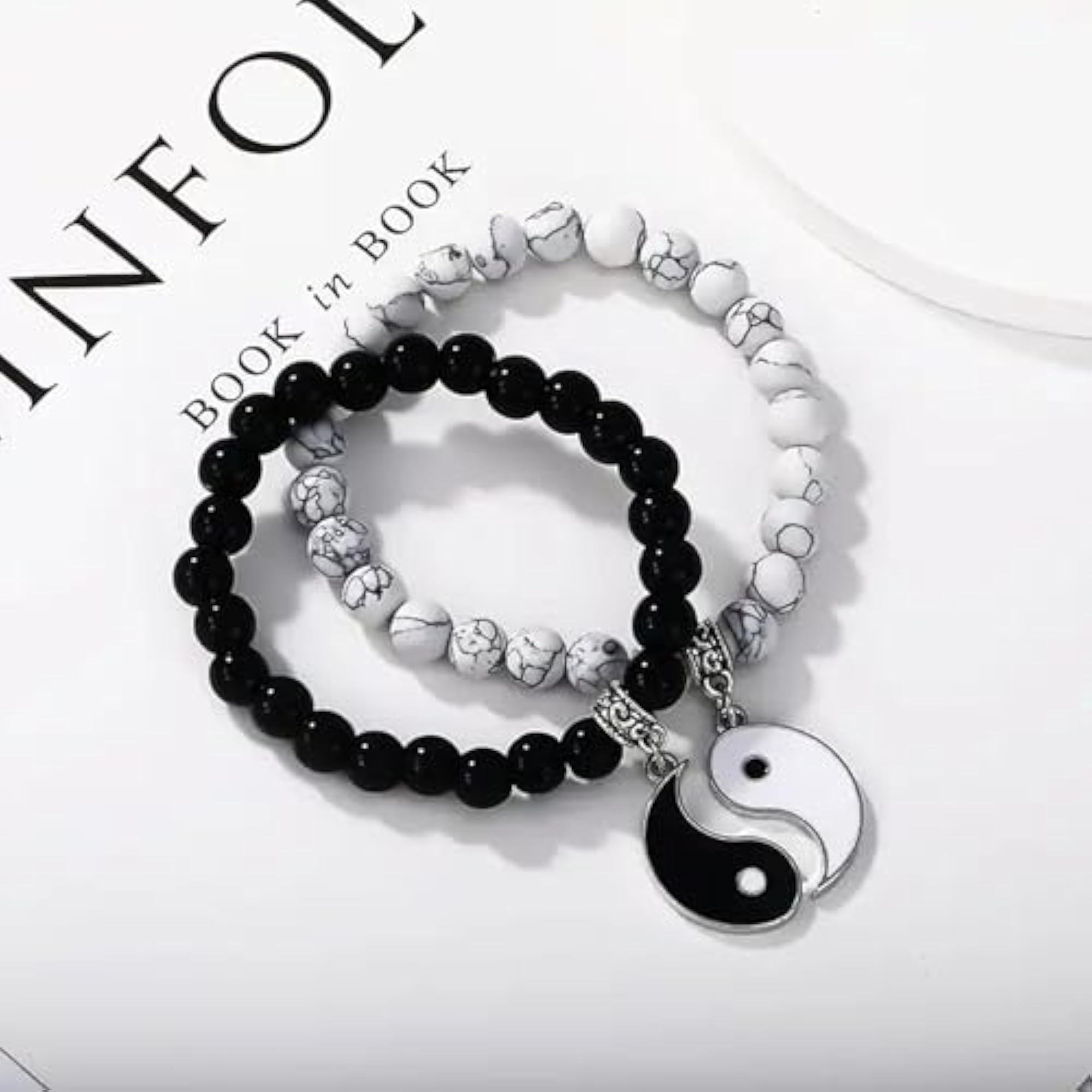 Couple Black & White Onyx Stretchable Wrist Band Bracelets